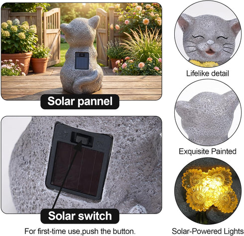 PETAFLOP Solar Cat Garden Statue Decor with Sunflower, Birthday Housewarming Gifts for Mom Grandma Women Cats Lover