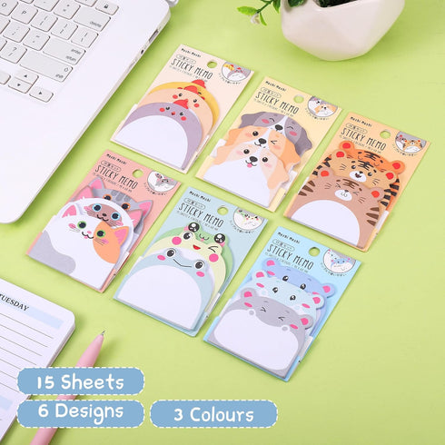 6 Pack 270 JIANTA Cute Sticky Notes, New Cartoon Animal Pattern Sticky Notes Markers Flags, Self-Stick Memo Pads
