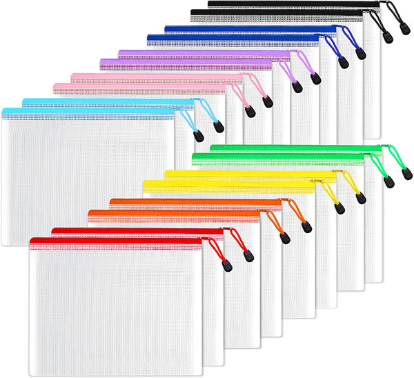 SUNEE Plastic Mesh Zipper Pouch 6x9 in (9 Colors, 18 Packs), Extra Large Water-Resistant Zip Bag
