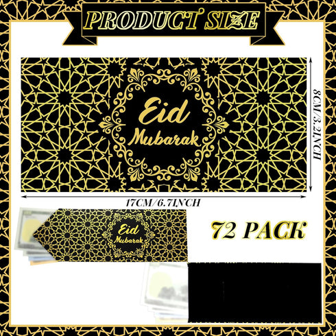 Sinmoe 72 Pcs Eid Mubarak Money Envelopes Bulk 6.7 x 3.2 inch Gold Foil Cash Set for Eid
