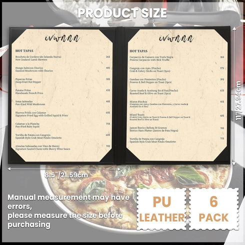 IVWNNN 8.5'' 11'' 6 Pack x Menu Covers Black PU Leather Menu Holders Book Style with Angled Corners Double View Menu