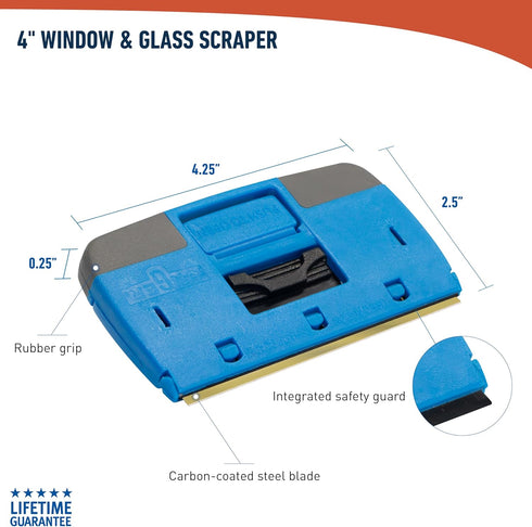 4 Unger Professional Compact Window and Glass Scraper, Reversible Razor Blade Tool with Retractable Safety Guard, Use