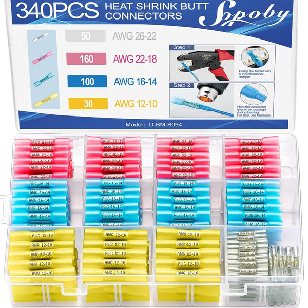 Sopoby 340PCS Marine Grade Heat Shrink Butt Connectors Kit, Tinned Red Copper Insulated Waterproof Crimp Terminals