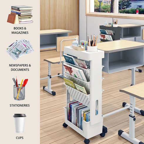 5-Tier BYFU Movable Bookshelf Cart, Rolling File Paper Storage Organizer Mobile Bookcase with Wheels for Home Office