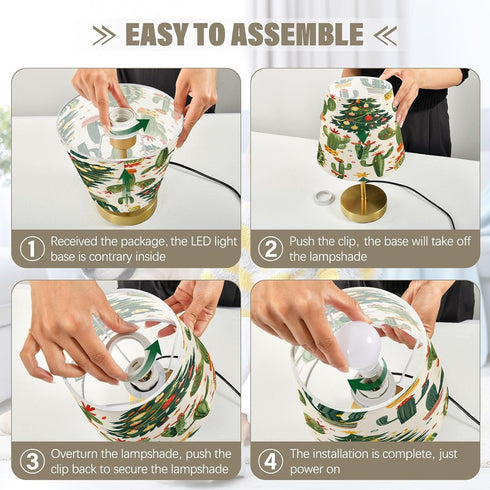 3 Dimming (Bulb Included),5.9x11.4in, Small Table Lamp Christmas Cactus Trees Pattern Bedside Lamps with Fabric Shade