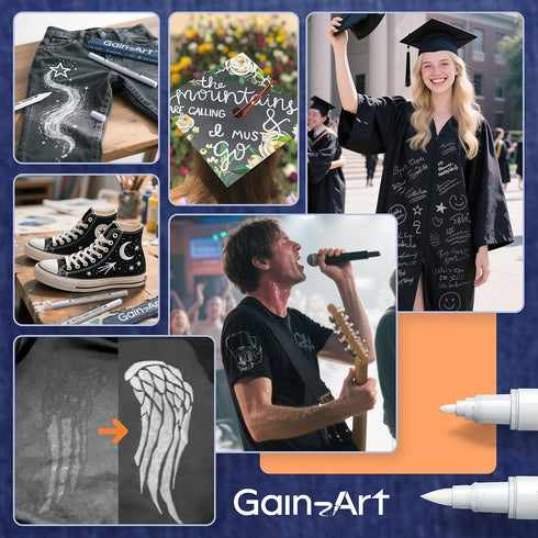 Set 2 Gain-Art White Fabric Marker for Dark Clothes, Wash-Resistant, No Bleed, Quick Dry Professional Dual Tip Pen