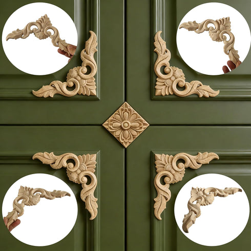 Nsrisml 5Pcs (8x8cm/3.15"x3.15") Wood Carved AppliquesOnlays Unpainted Wooden Corner Carving Decals for Mirrors