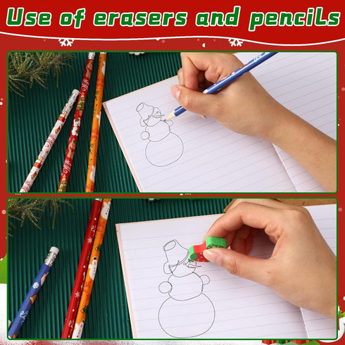 JULMELON 72PCS Christmas Party Favors Set, 36PCS Christmas Pencils with 36PCS Snowman Snowflake Erasers for Kids