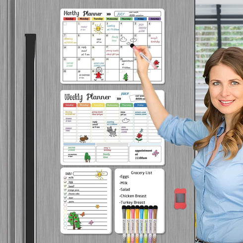 Hivillexun Magnetic Dry Erase Calendar Whiteboard Set (4-Pack) for Home, Monthly & Weekly Views, 8 Markers & Eraser