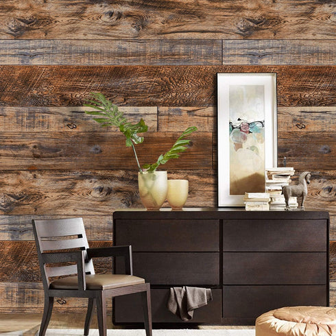 WENMER 17.71" x 78.7" Brown Wood Peel and Stick Wallpaper - Shiplap Self Adhesive Wallpaper for Cabinet Countertop