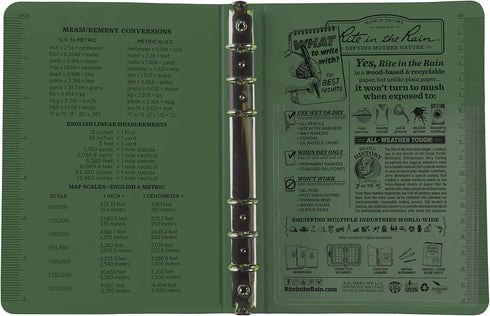 Rite in the Rain All-Weather 1/2" Ring Binder, 5 5/8" x 7 7/8", Green Binder (No. 9200)