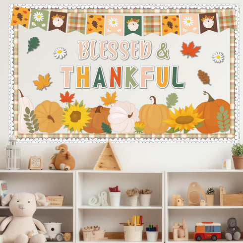 Fall Bulletin Board Decorations, Thanksgiving Pumpkin Classroom Decor, Autumn Leaves Blessed Thankful Paper Cutouts