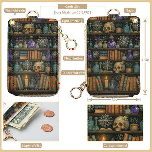 bolimoss Bookshelf Lanyard Wallet for Women Teacher, Goth Skull Leathe RFID Small Keychain Wallet Credit Card Holder