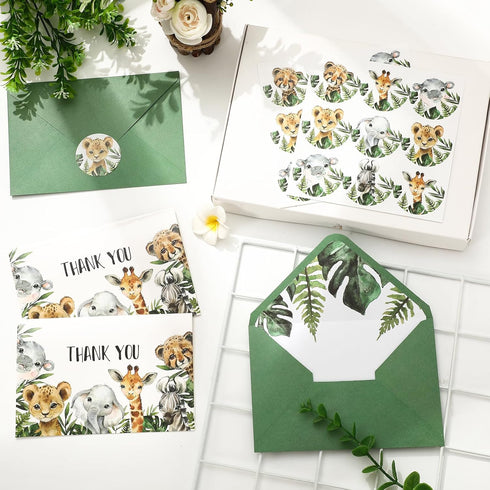 50 Pack Whaline Safari Jungle Thank You Cards with Envelopes Stickers Jungle Animal Greeting Cards Watercolor Forest