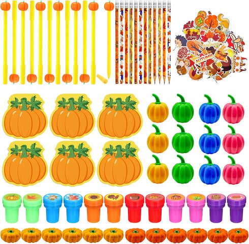 Cinrobiye 122 Pcs Fall Pumpkins Party Favors, Thanksgiving Day School Stationery Set, Harvest Classrooms Reward Prizes