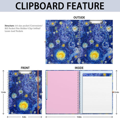 Rimilak Spiral Clipboard Folio with Refillable Lined Notepad, 14.5 x 9.8Inch, Hardcover Clipboard with 5 Interior Pockets, Elastic Band and Pen Loop Series. Cute Stylish Clipfolio, Starry Sky