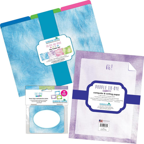 Barker Creek Get Organized Office Kit, Purple Tie-Dye, 12 Designer File Folders, 50 Colorful Computer Paper Sheets, 45