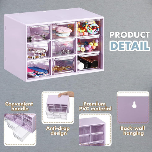Mini Drawer Organizer 6 Pcs with 9 Drawers, Plastic Desktop Storage Box, Wall Mounted, Purple for Office Home Room