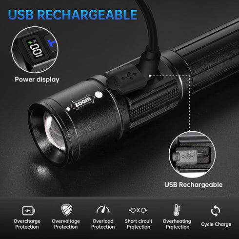 2 Pack, 5 TrixHub Rechargeable Flashlights Super Bright High Lumens Flash Light, Modes Zoomable Linternas with LCD