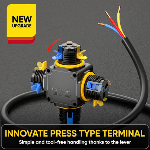 IP68 Waterproof Cable Connector, 4 Way Junction Box for Outdoor, Screwless 3 Pins Electrical Cable Protector