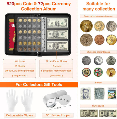 Coin Collection Book with 520 Pockets, Coin Holders, Coin Albums for Collectors, Paper Money Binder Organizer with Lock