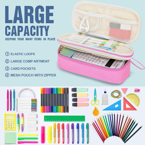 KMUYSL Large Pencil Case, Big Pencil Pouch with 3 Compartments, Handheld Pen Bag Organizer with Zipper, Portable Pen Bag for School Office Supplies Teen Girl Boy Adult, Pink by KMUYSL