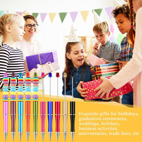 Crtiin 50 Pieces Plastic Beadable Pen Bulk, Black Ink Beaded Pens with 50 Refills for DIY School Supplies