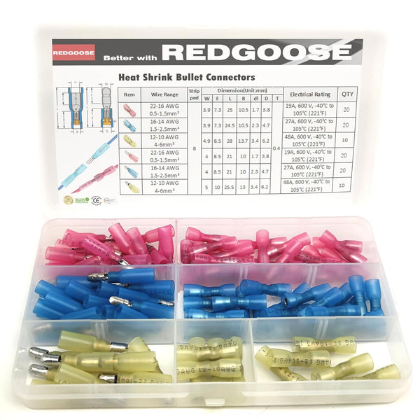 100PCS Heat Shrink Bullet Connectors 22-10 Gauge Insulated Waterproof Electrical Marine Automotive Terminals Assortment