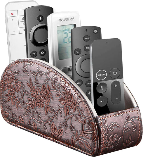 YAPISHI All-in-One Leather Brown TV Remote Holder with 5 Compartments Nightstand Desktop