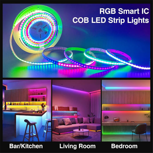 WS2811 Lights,DC12V 576LED/m 16.4ft 10mm HAMRVL FCOB RGB COB LED Strip Flexible High Density Uniform Color Chasing