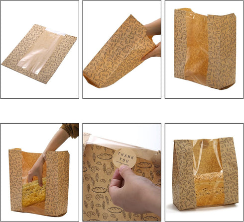 100 Pack 10.8"x10"x4" 100 Packaging Hacaroa Paper Bread Bags with Clear Window, Kraft Bakery Bag with Stickers, Brown