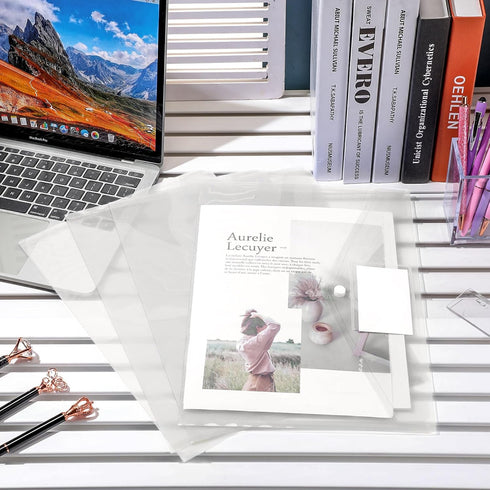 Yeaqee 50 Pcs Poly Envelopes, Clear File Folders with Snap Button Closure, US Letter A4 Size, Label Pocket