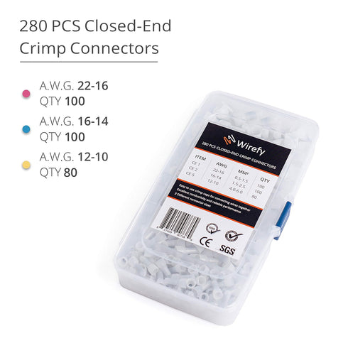 Wirefy 280 PCS Closed End Crimp Connectors, Wire End Caps for 22-10 Gauge