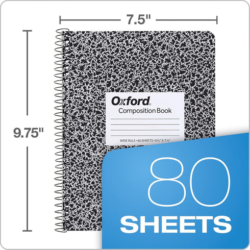Oxford Spiral Composition Notebooks, 4 Pack, Wide Ruled Paper, 9-3/4 x 7-1/2 Inches, 80 Sheets, Black Marble Cover
