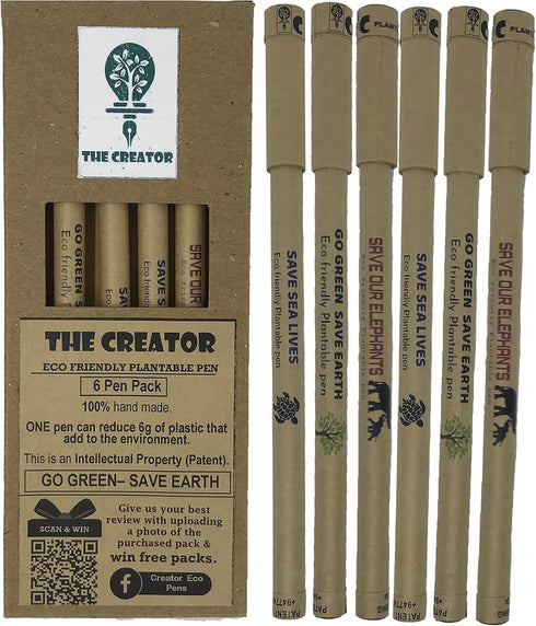 THE CREATOR Plantable Pens, Pack of 6, Wildlife Theme, Reduces 6g of Plastic, Eco-Friendly Gift
