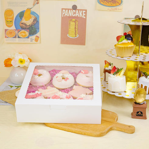24pcs 9x9x2.5 Inch White Pie Boxes with Window for Pies, Donuts, Cookies, Muffins, Chocolates, Party
