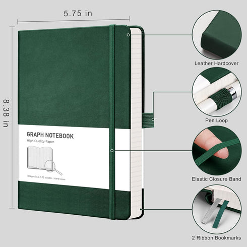 RETTACY Graph Paper Notebook 2-Pack - Graph Grid Paper Notebook with 192 Pages per Pack, Notebooks for Work, School, 100 GSM Paper, Leather Hardcover, Inner Pocket, 5.7'' × 8.3'' (Black & Dark Green) by RETTACY