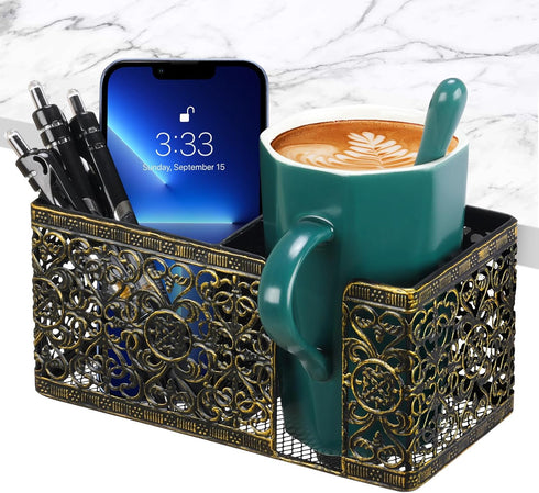 Desk Organizer with Clip-on Cup Holder, Pencil Holder, Phone Holder for Beverages and Accessories at Home Office