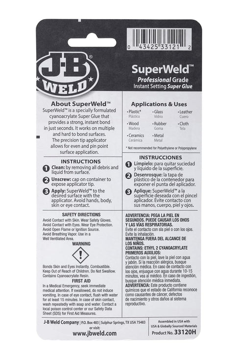 J-B Weld 33120H Super Glue - Clear SuperWeld Glue 20g