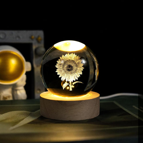 3D Laser Etched Sunflower Crystal Ball, Sunflower Decor Glass Sphere Lamp Night Light, Crystal Flower Figurines