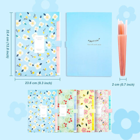 Flower Design Expanding File Folders, 8 Pocket, 4 Pack, A4 Letter Size, Durable Poly Material, 12.8 x 9.3 Inches