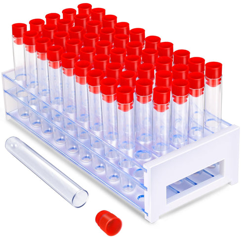 YGDZ Test Tubes with Rack, 50pcs 16x100mm Clear Plastic Test Tubes with Caps and Holder Rack