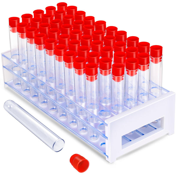YGDZ Test Tubes with Rack, 50pcs 16x100mm Clear Plastic Test Tubes with Caps and Holder Rack