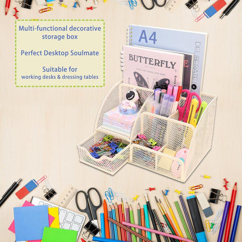 Mesh Desk Organizer with 6 Compartments and 1 Drawer, Multi-Functional Caddy for Home Office School