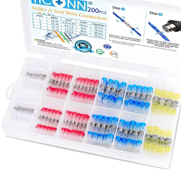 TICONN 200 Pcs Waterproof Solder Seal Wire Connectors, Heat Shrink Butt Connectors, Insulated Electrical Wire