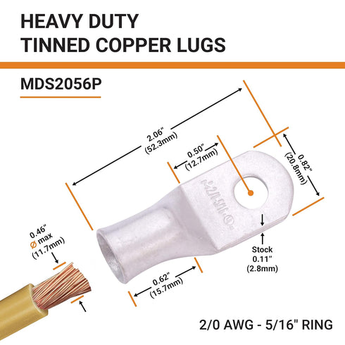 SELTERM 15pcs 2/0 AWG 5/16" Stud UL Marine Grade Battery Terminal Connectors, Tinned Copper Cable Lugs
