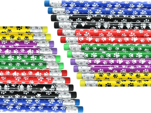 GiftExpress 48 Pcs Paw Print Pencils, Colorful Wooden Pencils with Eraser for School Supplies