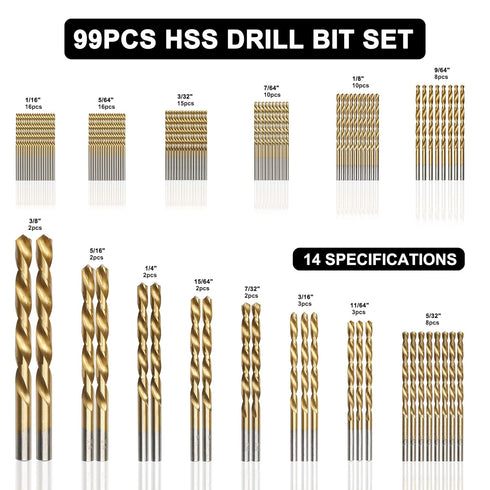 99 Pcs Twist Drill Bit Set, Titanium Coated High Speed Steel, 135° Tip Kit for Iron, Wood, Plastic, with Hard Storage