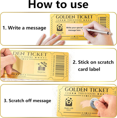 VELATYVIO 12 Sets Golden Ticket Custom Scratch off Cards with Envelope and Stickers Surprise Gift Certificates