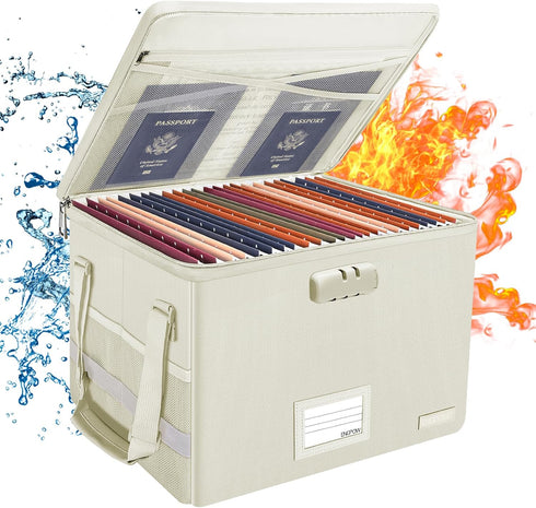 ENGPOW Fireproof Document Box with Lock, Collapsible File Storage Organizer Box with Zipper Lid, Portable Home Office